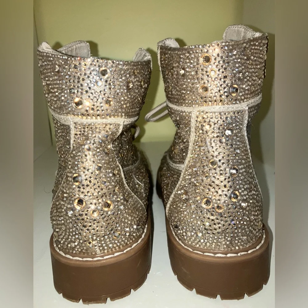 Betsey Johnson Hudson boots back to school gold crystal gem studded shoes 3 girl